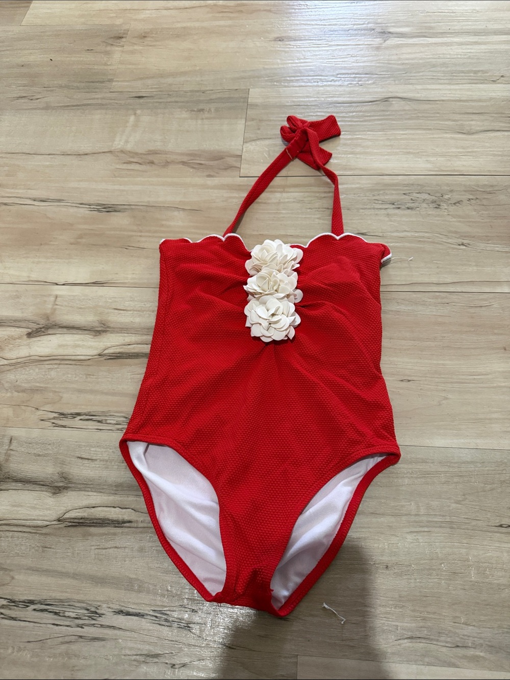 Janie and Jack Red One-Piece Swimsuit with White Floral Trim